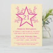 Star Swirls 21st Birthday Party Invitation, roze Kaart (Staand voorkant)