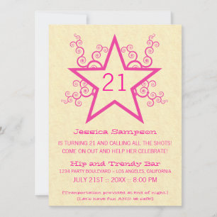 Star Swirls 21st Birthday Party Invitation, roze Kaart