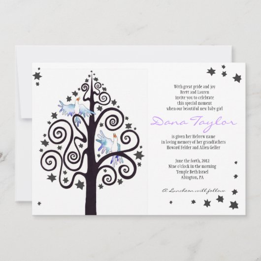 Star Tree Jewish Baby Naming Invitation Hebreeuws Kaart (Voorkant)