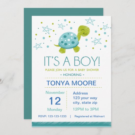 Star Turtle Baby shower Invitation Kaart (Voorkant / Achterkant)