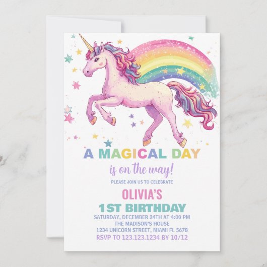 Star Unicorn Rainbow Verjaardagsuitnodigingen Kaart (Voorkant)
