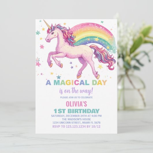 Star Unicorn Rainbow Verjaardagsuitnodigingen Kaart (Staand voorkant)
