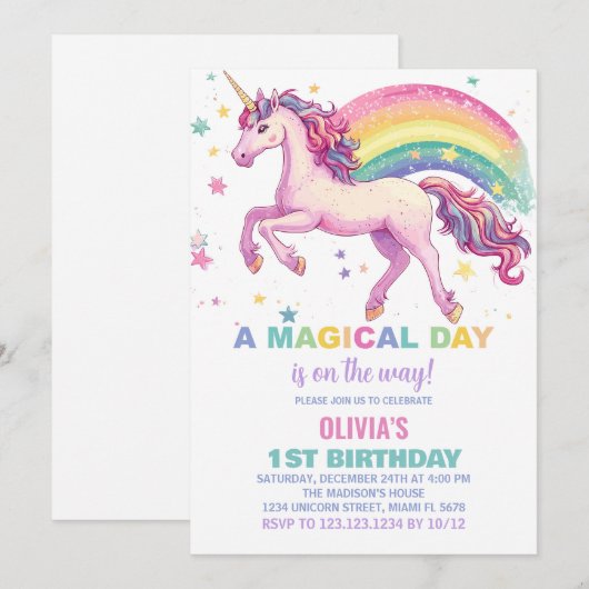 Star Unicorn Rainbow Verjaardagsuitnodigingen Kaart (Voorkant / Achterkant)