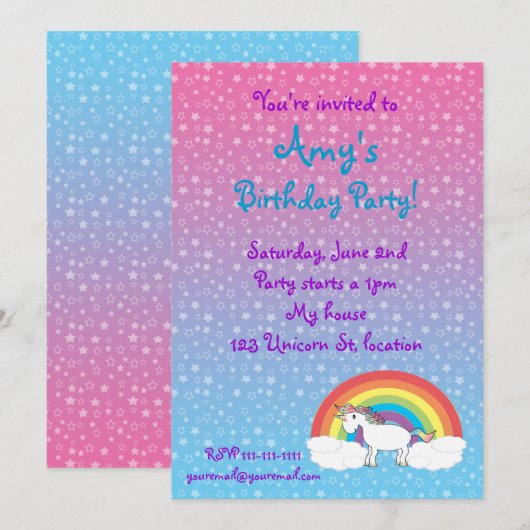 Star unicorn verjaardagsuitnodiging kaart (Voorkant / Achterkant)