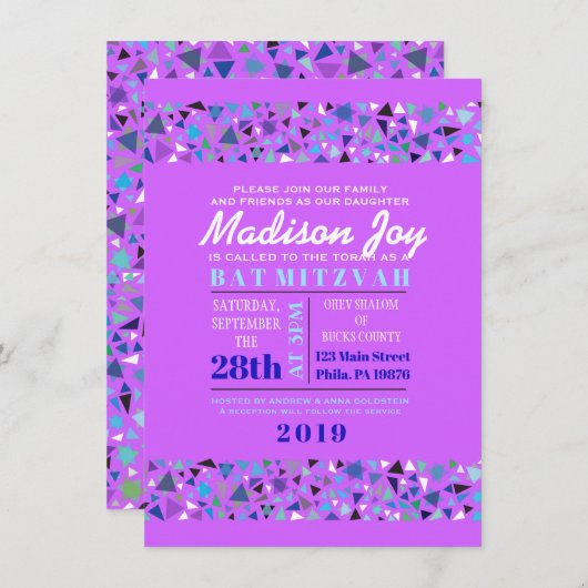 STAR WALL Bar Bat Mitzvah Invitation Lavender Kaart (Voorkant / Achterkant)