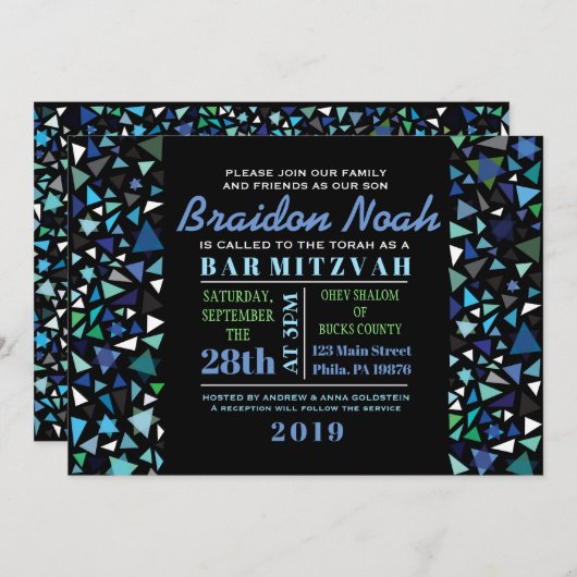 STAR WALL Bar Bat Mitzvah Uitnodiging in zwart-wit (Voorkant / Achterkant)