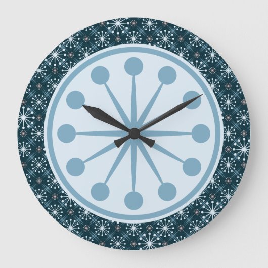 Starburst en Lines Mid Century Pattern Blue Grote Klok (Voorkant)