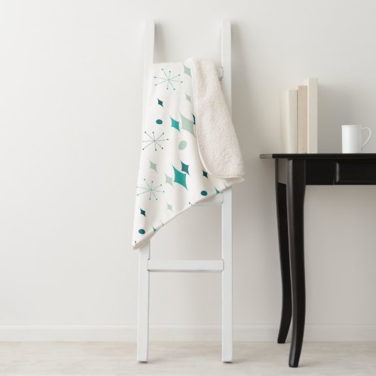 Starburst Mid Century Modern Patroon Turquoise Aqu Sherpa Deken (In situ)