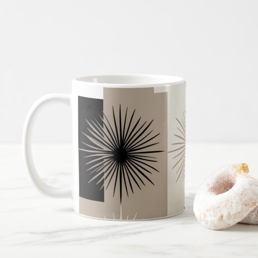 Starburst minimalistisch design beige wit zwart koffiemok (Met donut)