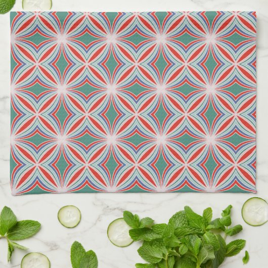Starburst Striped Tegel Pattern in Red, Green, Blu Theedoek (Gevouwen)