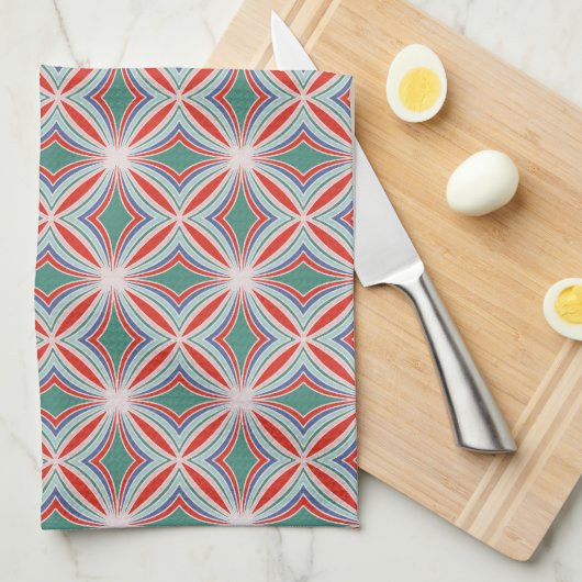 Starburst Striped Tegel Pattern in Red, Green, Blu Theedoek (Quarter Fold)