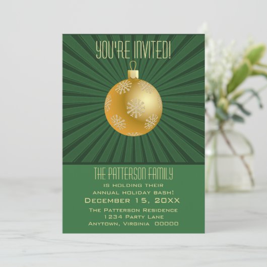 Starburst Stripes Ornament Party, groen en goud Kaart (Staand voorkant)