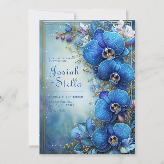 Stardust Cobalt Gilded Orchid Botanical Wedding Kaart (Voorkant)
