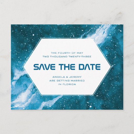Stardust Cosmic Blauwgroen Save the Date Briefkaart (Voorkant)