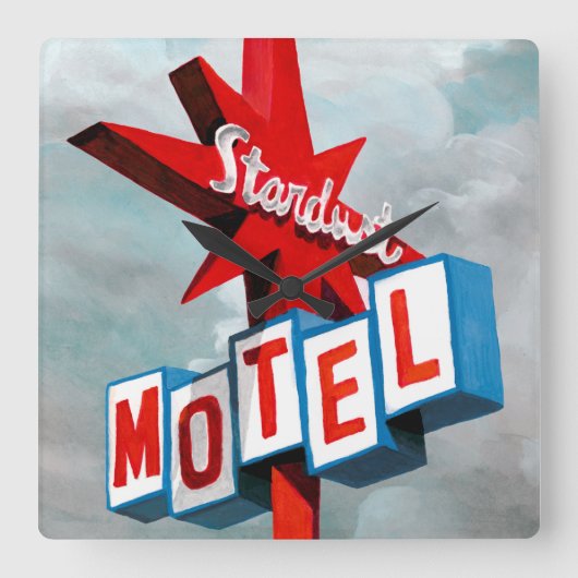 Stardust Motel Sign Vierkante Klok (Voorkant)