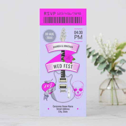 Stardust Pop Rock ’n’ Roll Wedding Ticket Kaart (Staand voorkant)