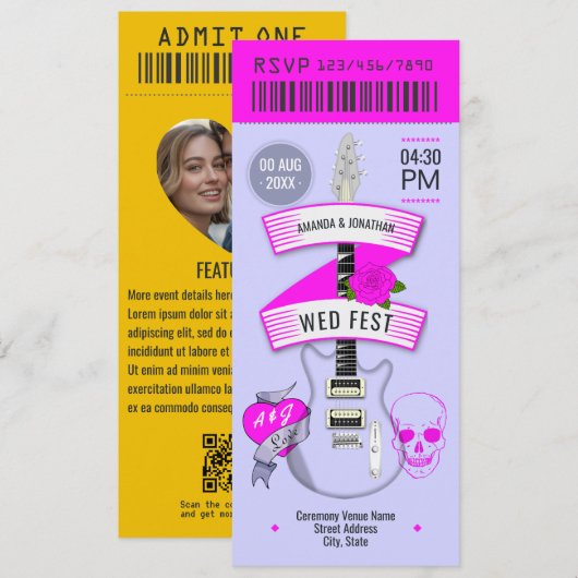 Stardust Pop Rock ’n’ Roll Wedding Ticket Kaart (Voorkant / Achterkant)