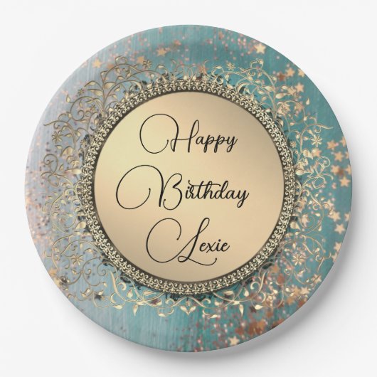 Stardust van glitterij op blauw Blauwgroen papier  Papieren Bordje (Voorkant)