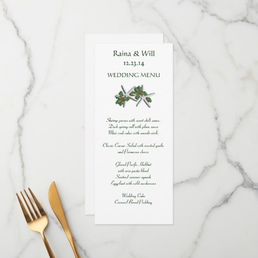 Starfish and Holly Tall, Kerstbruiloft menu (Voorkant / Achterkant in situ)
