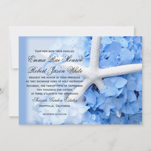 Starfish and Hydrangea Tropical Blue Wedding Kaart (Voorkant)