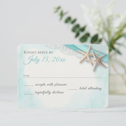 Starfish and Lace  Beach Turquoise RSVP Kaartje (Staand voorkant)