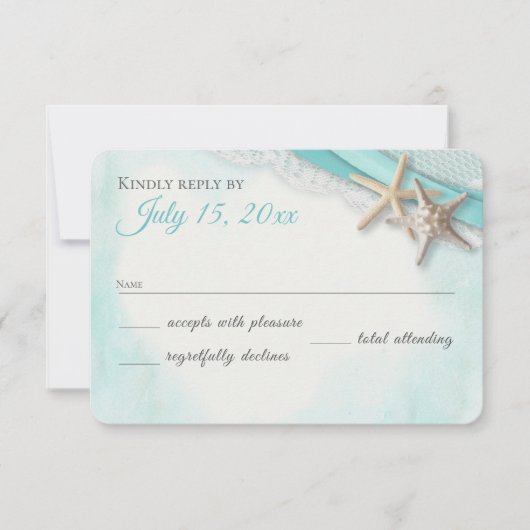 Starfish and Lace  Beach Turquoise RSVP Kaartje (Voorkant)