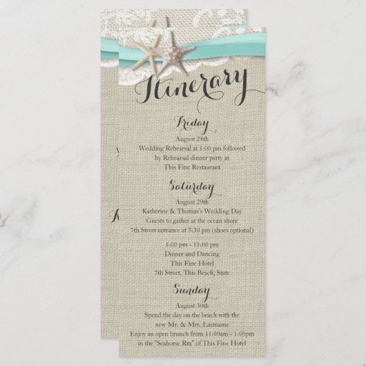 Starfish and Lace Rustic Beach Wedding Itinerary Programmakaart (Voorkant / Achterkant)