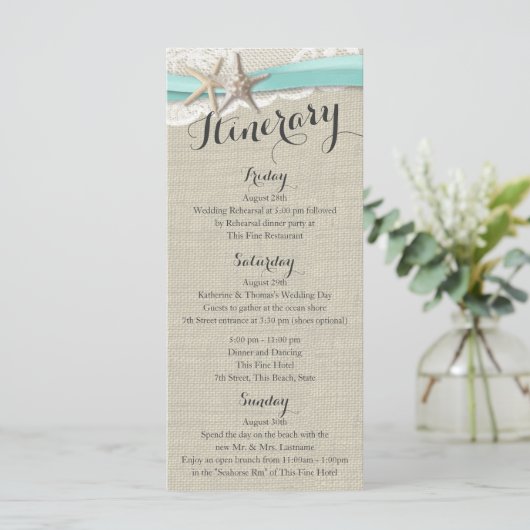 Starfish and Lace Rustic Beach Wedding Itinerary Programmakaart (Staand voorkant)