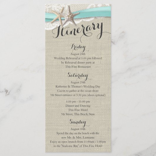 Starfish and Lace Rustic Beach Wedding Itinerary Programmakaart (Voorkant)