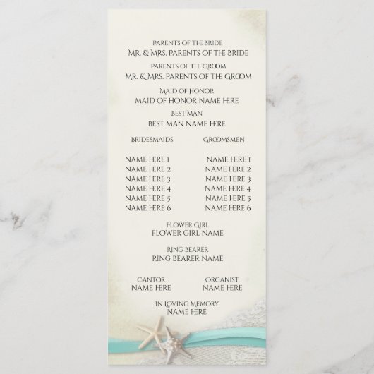 Starfish and Lace  strand Wedding Program Programmakaart (Achterkant)