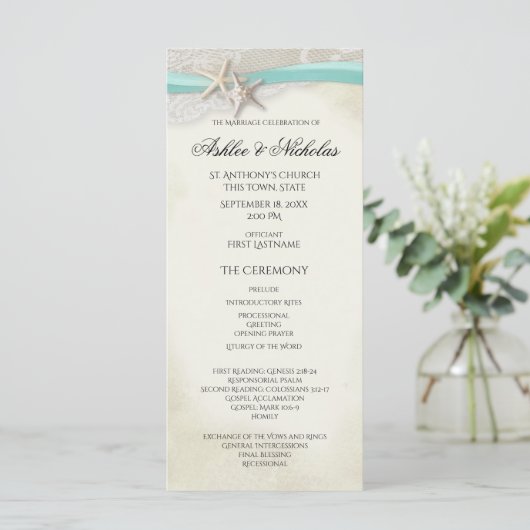 Starfish and Lace  strand Wedding Program Programmakaart (Staand voorkant)