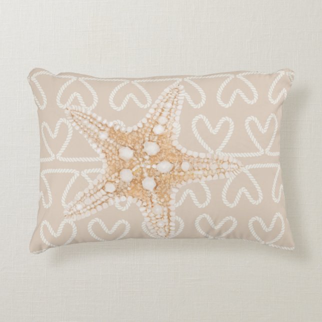 Starfish and net on beige pastelbruin accent kussen (Voorkant)