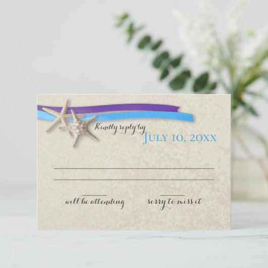 Starfish and Ribbon Paarse en Blue Beach reactie RSVP Kaartje (Staand voorkant)