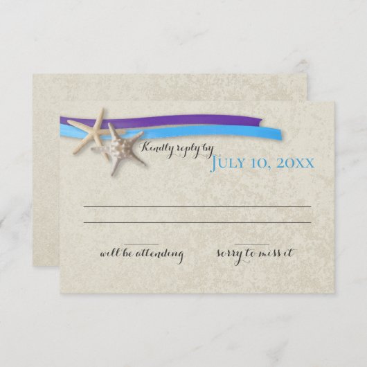 Starfish and Ribbon Paarse en Blue Beach reactie RSVP Kaartje (Voorkant / Achterkant)