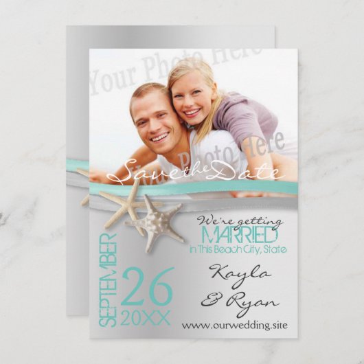 Starfish and Ribbon Save the Date with Photo (Voorkant / Achterkant)