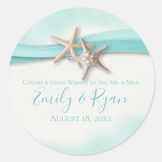 Starfish and Ribbon Turquoise Wedding Ronde Sticker (Voorkant)