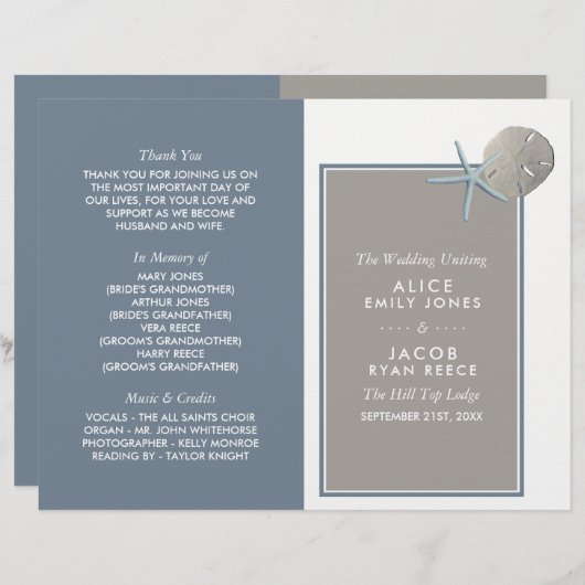 Starfish and Sand Dollar - Beach Wedding Programme (Voorkant / Achterkant)