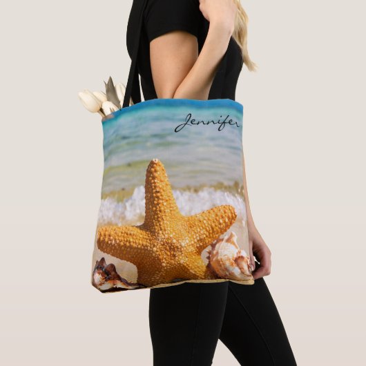 Starfish and Seashells on the Beach Personalized Tote Bag (Dichtbij)