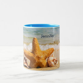 Starfish and Seashells on the Beach Personalized Tweekleurige Koffiemok