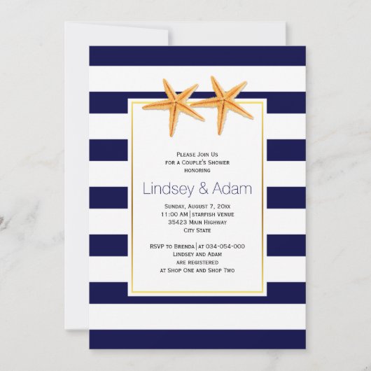 Starfish and strepen strandtrouwparen douchen kaart (Voorkant)