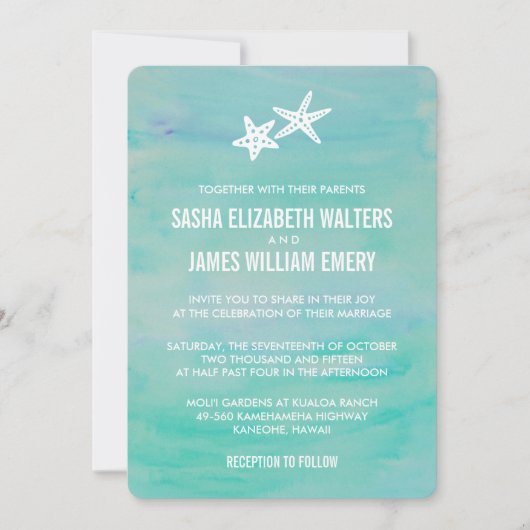 Starfish Aqua Beach Wedding Invitations Kaart (Voorkant)