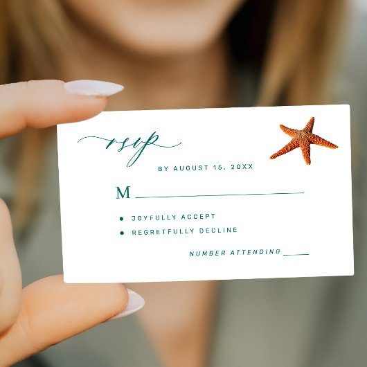 Starfish aqua blauwgroen scriptbestemming bruiloft notitiekaartje