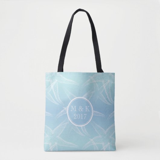 Starfish Aqua Blue Monogram Wedding Beach Canvas t Tote Bag (Voorkant)