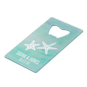 Starfish Aqua Personalized Wedding Favor Creditkaart Flessenopener (Voorkant Gekanteld)