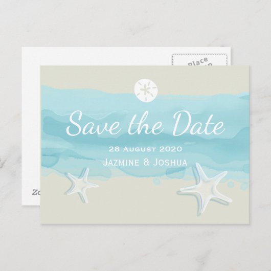 Starfish, aqua waterverf strand /save the date aankondigingskaart (Voorkant / Achterkant)