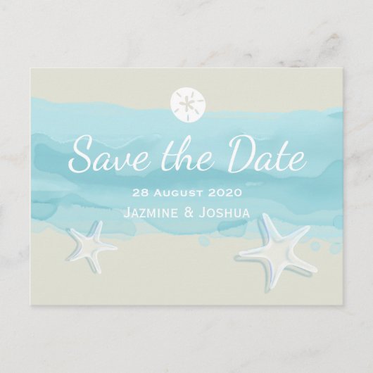 Starfish, aqua waterverf strand /save the date aankondigingskaart (Voorkant)