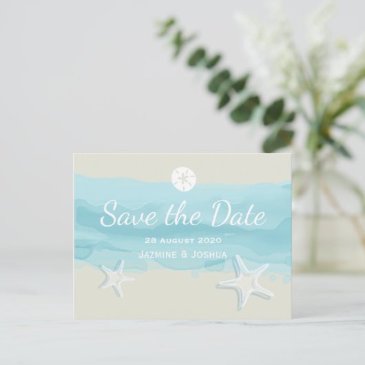 Starfish, aqua waterverf strand /save the date aankondigingskaart (Staand voorkant)