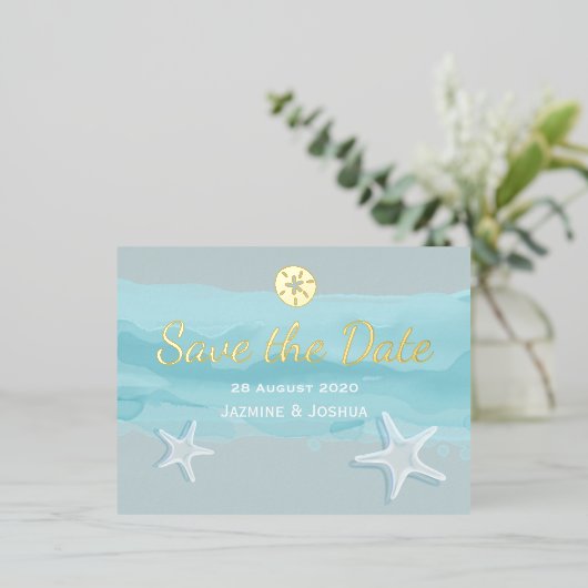 Starfish, aqua waterverf strand /save the date folie uitnodiging briefkaart (Staand Voorkant)