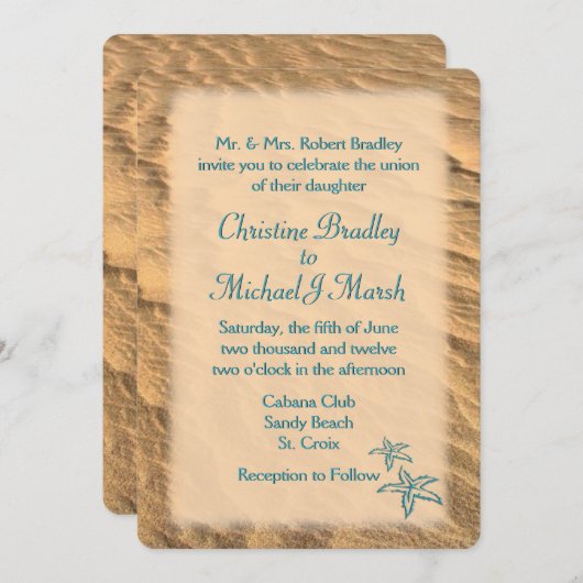 Starfish Beach Blauwgroen en Sand Wedding Kaart (Voorkant / Achterkant)