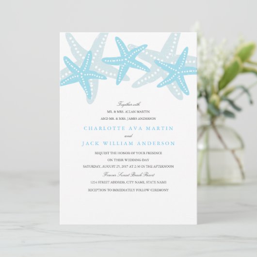 Starfish Beach bruiloft uitnodiging blauw (Staand voorkant)